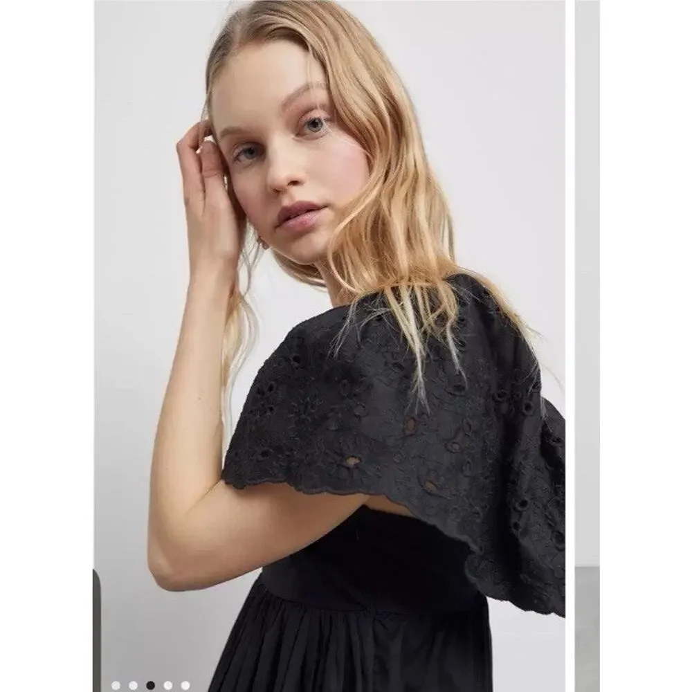 En Saison Barnette Black Midi Dress Eyelet Sleeves Size XS Pockets NWT